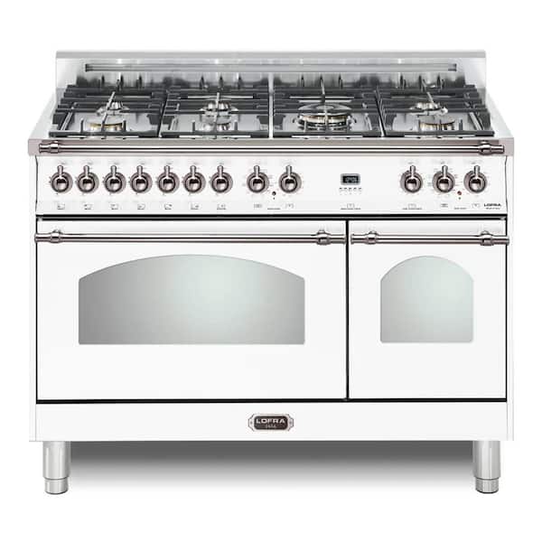 Dolcevita Series 48 in. 7 Burners Freestanding Dual Fuel Natural Gas Range in Pearl White with Chrome Trim