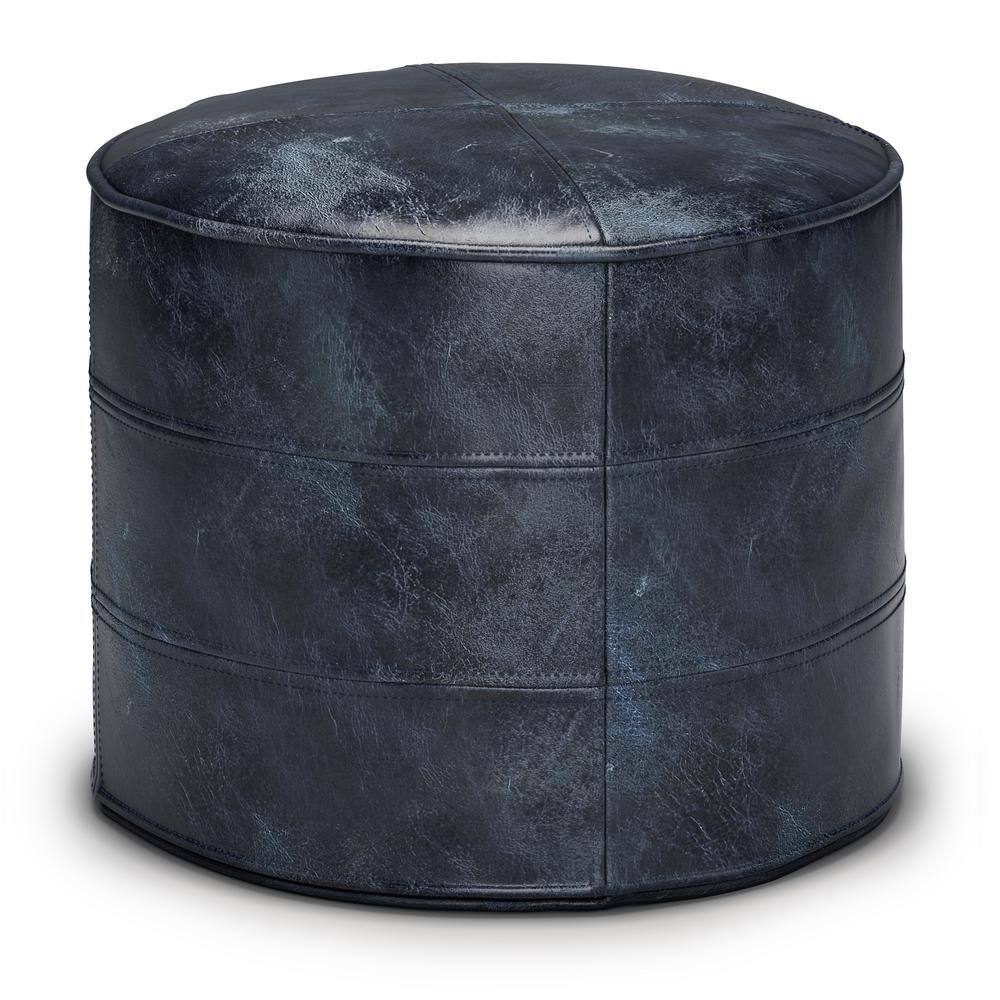 Connor Distressed Navy Blue Genuine Leather Round Pouf