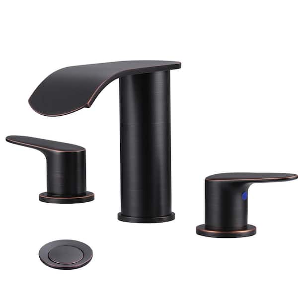 WOWOW 8 in. Widespread Double Handle Waterfall Bathroom Faucet Pop-Up Drain and Supply Hoses in Oil Rubbed Bronze