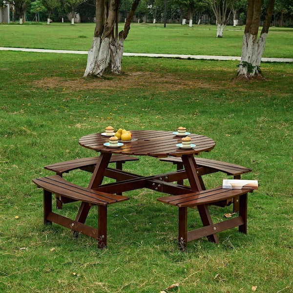 maocao hoom 70 in. Brown 8-Person Round Wooden Outdoor Picnic Table with 4 Built-in Benches and Umbrella Hole