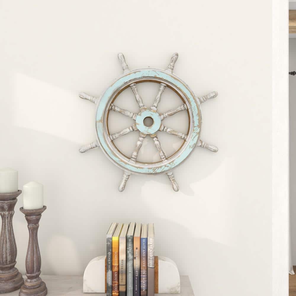 24" Blue and White Distressed Wood Ship Wheel Wall Decor