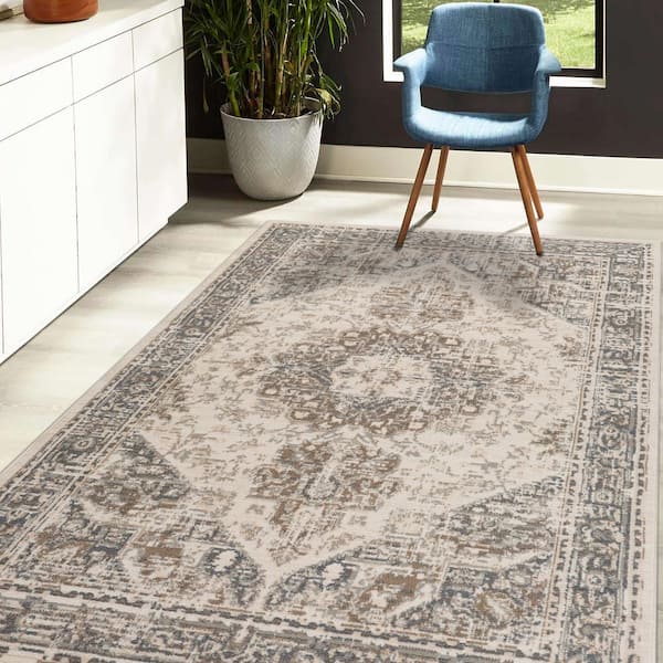 Alpine 9 x 12 Light Beige Medallion Pattern Area Rug for High Traffic Living Room Dining Room Bedroom