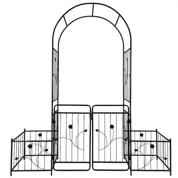 Zeus & Ruta 86.6 in. x 19.7 in. Metal Garden Arch with Gate Arbor Outdoor in Black