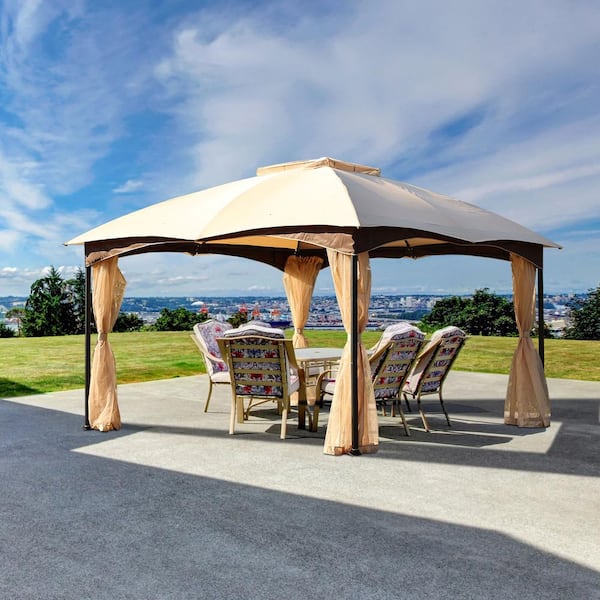 Aoodor 12 ft. x 12 ft. Khaki Metal Frame Outdoor Patio Soft Top Gazebo Party Event Canopy Tent with Mosquito Netting
