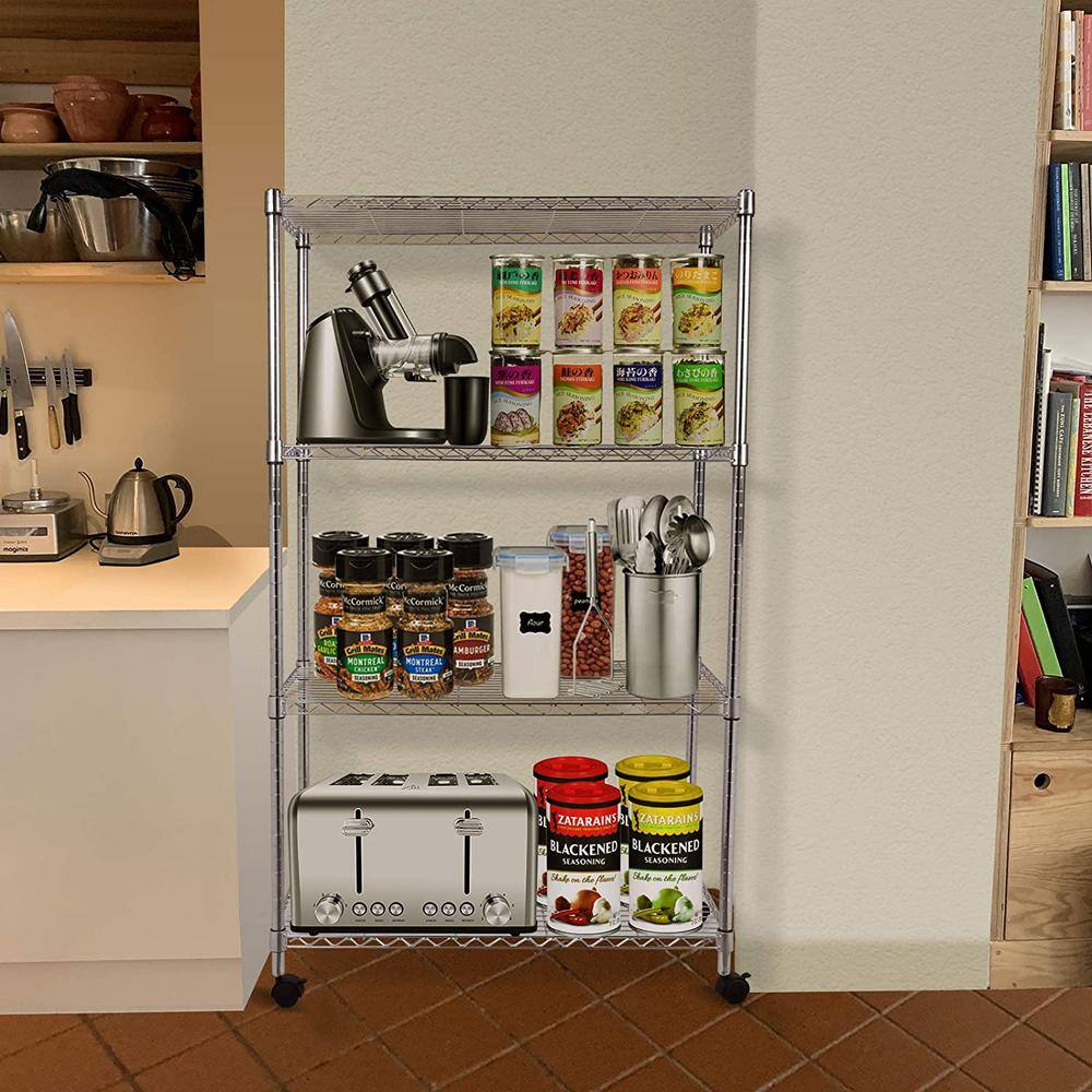 Silver 4-Tier Adjustable Steel Wire Shelving Unit with Wheels