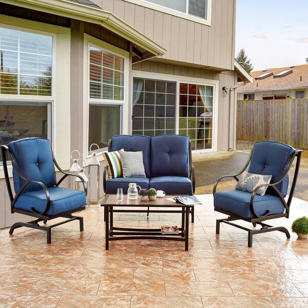 Patio Festival 4-Piece Metal Patio Conversation Set with Blue Cushions
