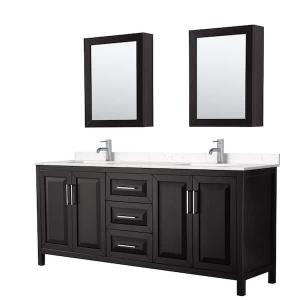 Wyndham Collection Daria 80"W x 22"D Double Vanity in Dark Espresso w/ Cultured Marble Vanity Top in LightVein Carrara w/ Basins & Med Cabs