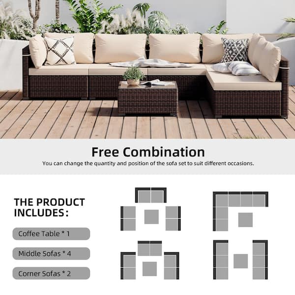 7-Piece Wicker Patio Conversation Sofa Set with Beige Cushions and Coffee Table