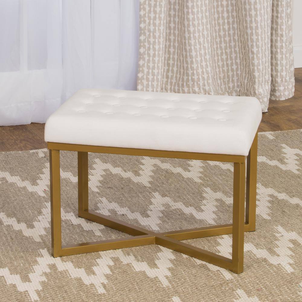 Luxurious Beige Velvet Tufted Ottoman with Gold Metal Base