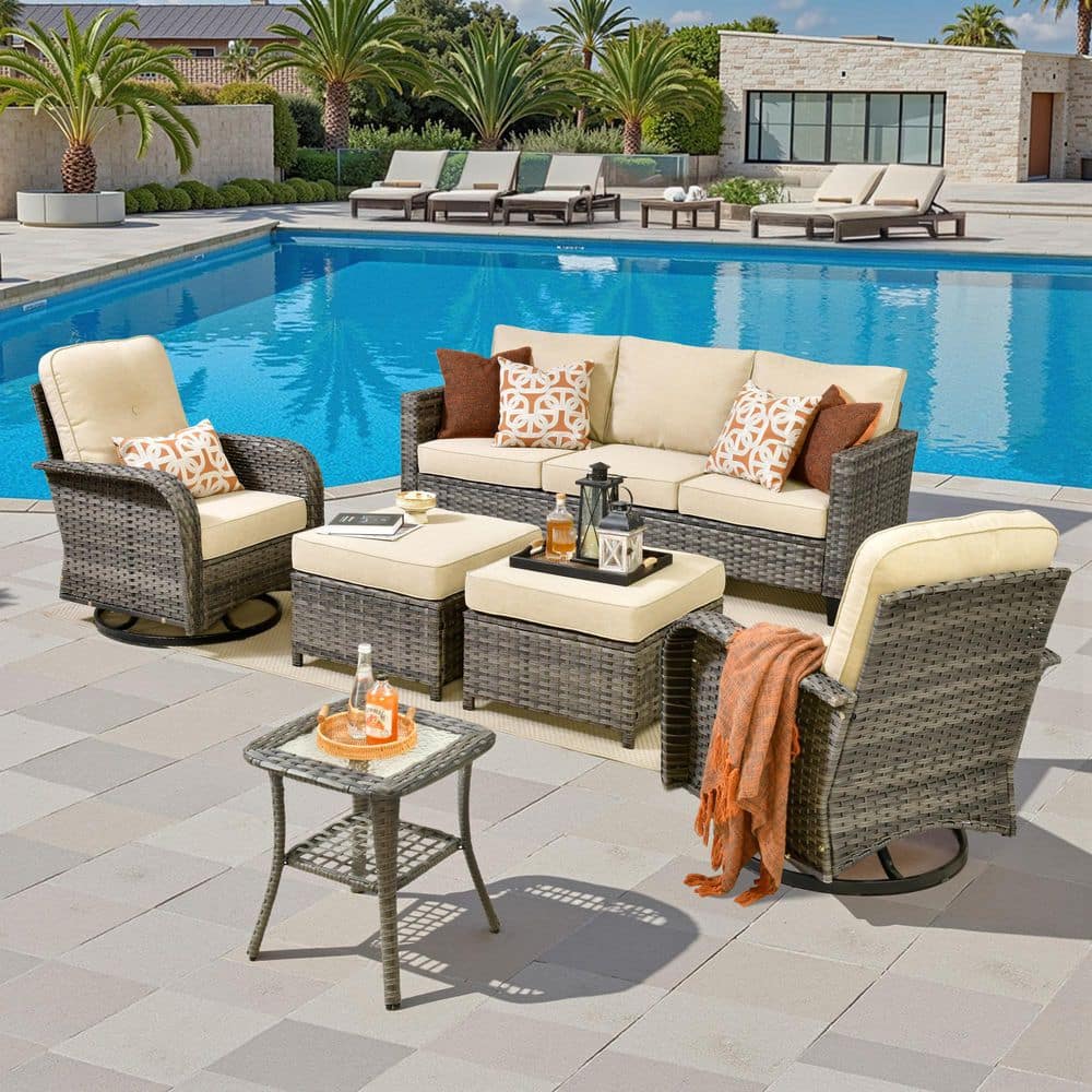 Elysia Gray 6-Piece Wicker Outdoor Sectional Patio Conversation Set with Beige Cushions Rocking Chairs and Ottomans price history on PriceWatchPro