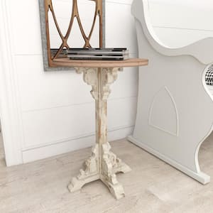 16 in. White Intricately Carved Scroll Large Round Wood End Accent Table with Brown Wood Top