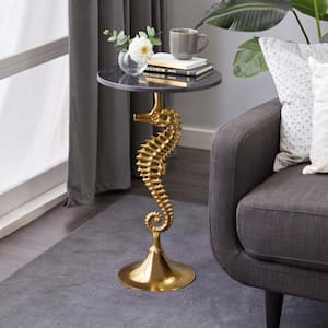 16 in. Gold Sea Horse Large Round Marble End Table with Black Marble Table Top