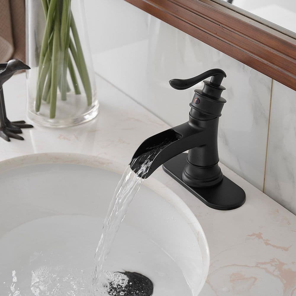 Matte Black Single-Handle Waterfall Bathroom Faucet with Deck Plate
