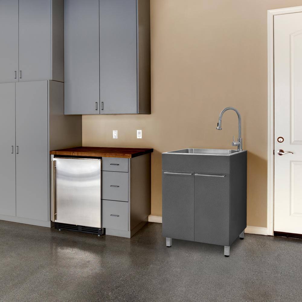 Gray Stainless Steel Drop-In Utility Sink with Faucet and Cabinet
