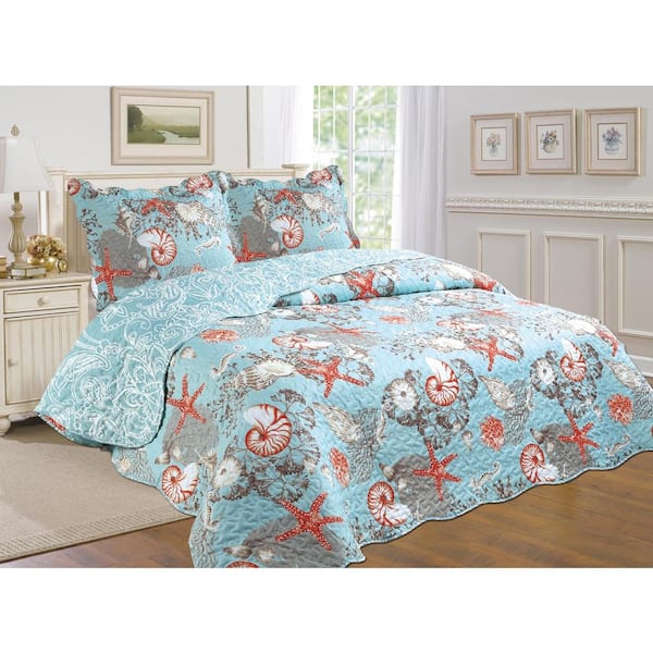 J&V TEXTILES 3-Piece Coastal Blue Cotton Blend Reversible Full/Queen Quilt Set