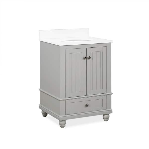null Tehila 24 in. Gray Bathroom Vanity with White Composite Granite Vanity Top Ceramic Oval Sink and Backsplash
