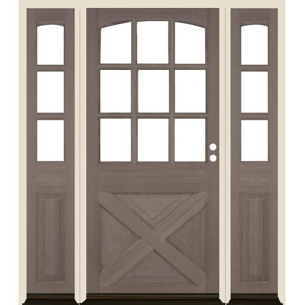 Krosswood Doors 64 in. x 80 in. Farmhouse X Panel LH 1/2 Lite Clear Glass Grey Stain Hemlock Prehung Front Door with DSL