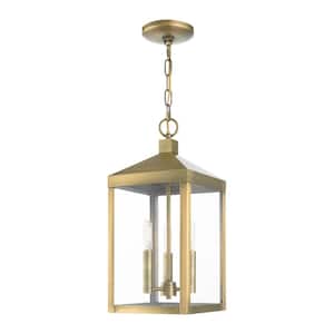 Creekview 18.5 in. 3-Light Antique Brass Dimmable Outdoor Pendant Light with Clear Glass and No Bulbs Included