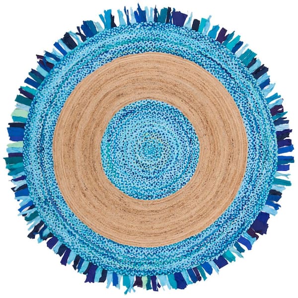 SAFAVIEH Cape Cod Turquoise/Natural Doormat 3 ft. x 3 ft. Round Striped Area Rug