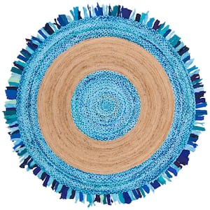 Cape Cod Turquoise/Natural 5 ft. x 5 ft. Round Striped Area Rug