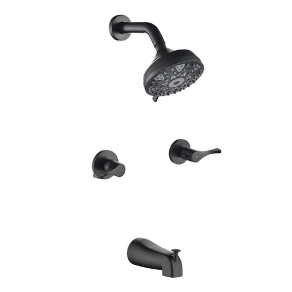 AIMADI Double Handle 6-Spray Wall Mount Tub and Shower Faucet 1.8 GPM 5 Inch Brass Shower System in Matte Black Valve Included