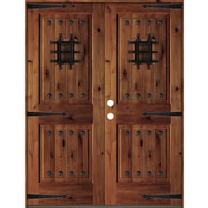 60 in. x 80 in. Mediterranean Knotty Alder Square Top with Red Chestnut Stain Right-Hand Wood Double Prehung Front Door