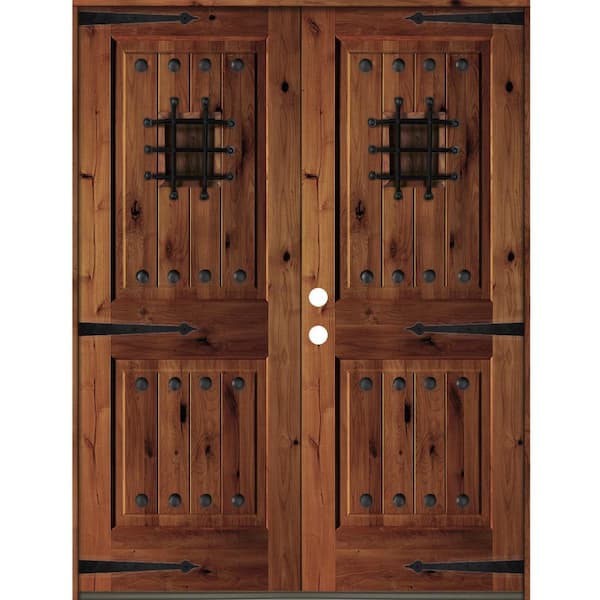 Krosswood Doors 64 in. x 80 in. Mediterranean Knotty Alder Square Top with Red Chestnut Stain Right-Hand Wood Double Prehung Front Door