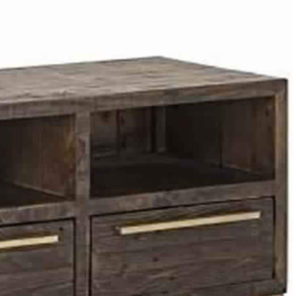 Transitional Reclaimed Pinewood TV Console with Drawers, Brown and Gold