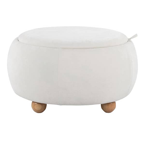 Tray Pouf White Fabric and Natural Wood Storage Ottoman