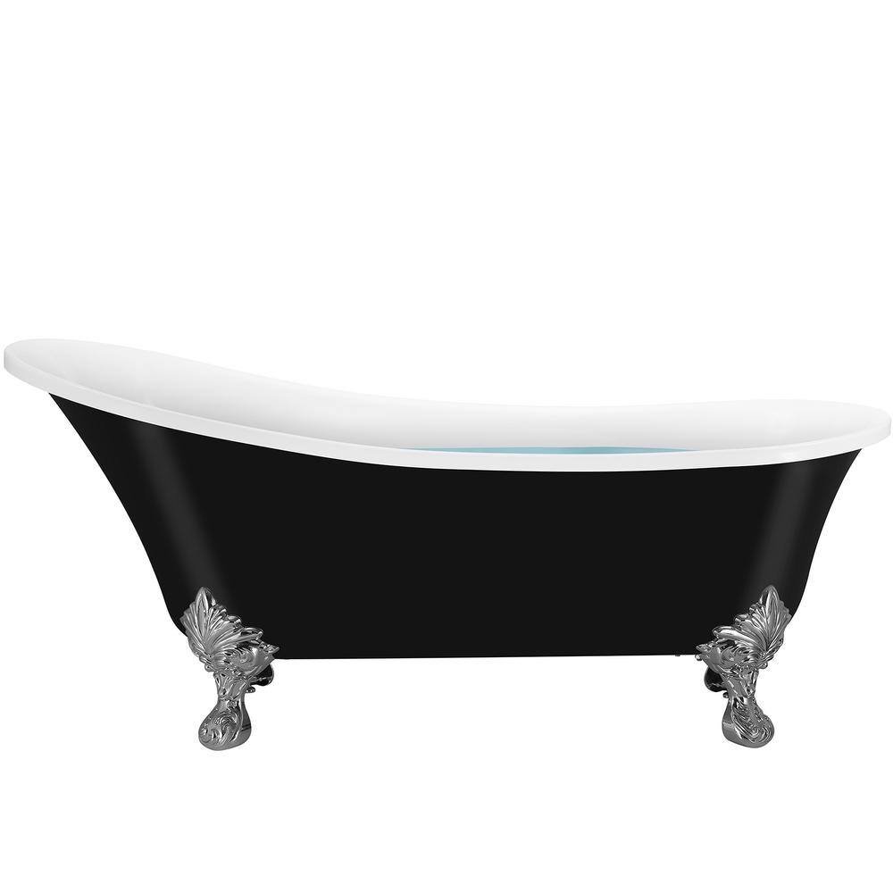 69" Black Acrylic Clawfoot Soaking Bathtub with Silver Feet