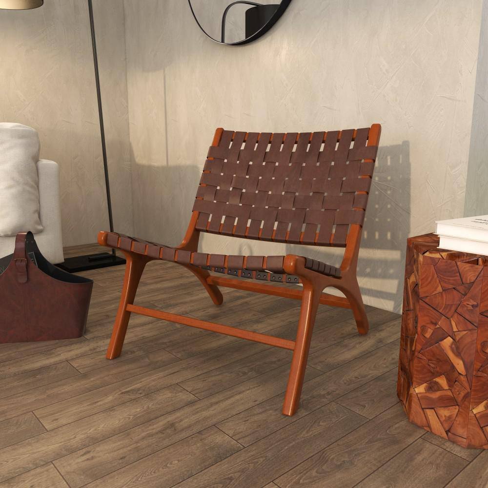 Handcrafted Brown Leather and Wood Slipper Chair