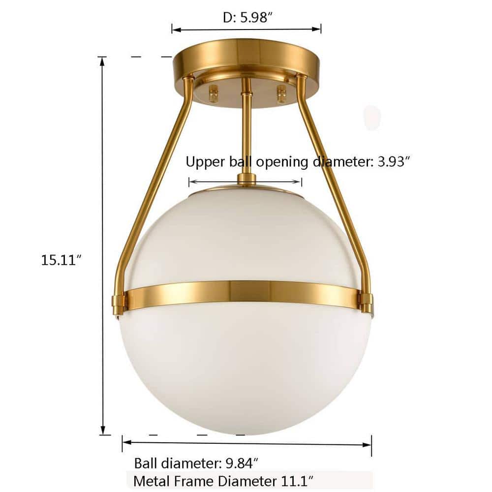 Brass and White Glass Globe Semi Flush Mount Light