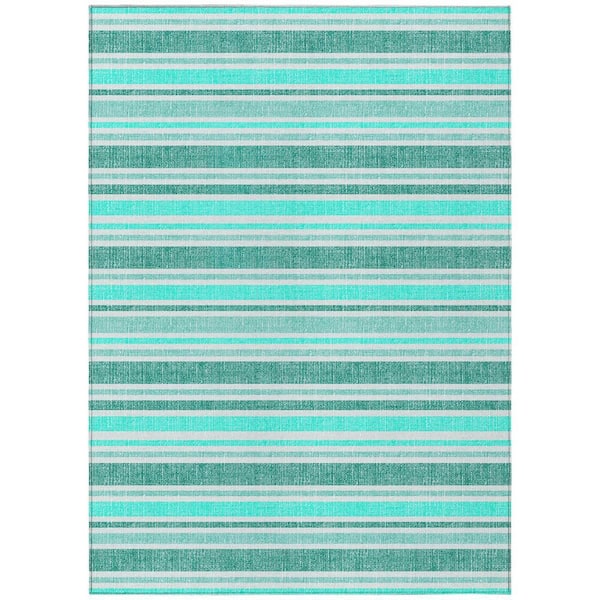 HomeRoots Turquoise 5 ft. x 8 ft. Woven Striped Polyester Rectangle Indoor / Outdoor Area Rug
