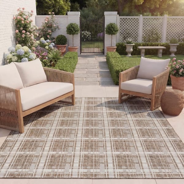 Beach House 8 ft. x 10 ft. Brown/Ivory Geometric Abstract Indoor/Outdoor Area Rug