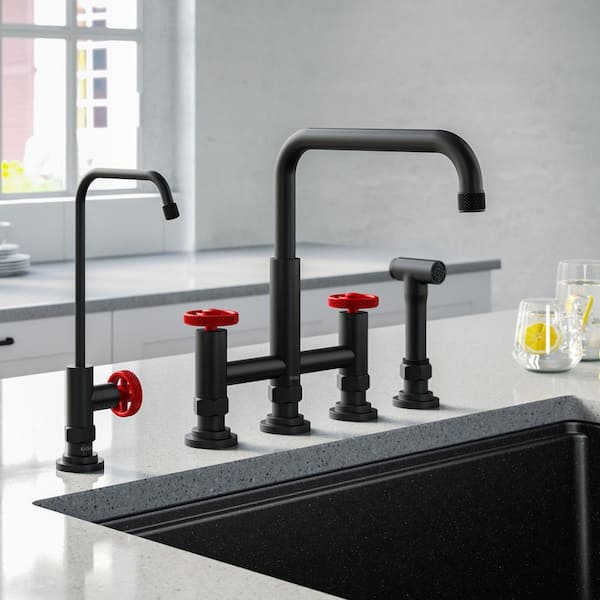 Urbix Industrial Double Handle Bridge Kitchen Faucet and Beverage Faucet in Matte Black/Red