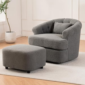 Modern Luxury Teddy Velvet Fabric Swivel Barrel Chair with Ottoman - Grey