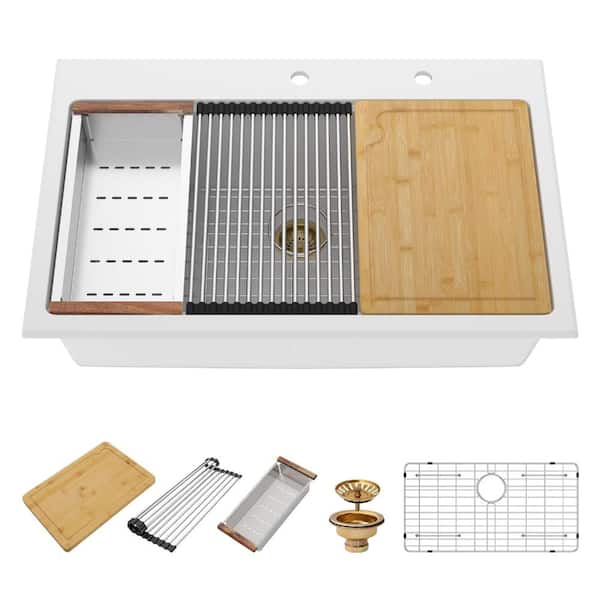 33 in. Drop In Single Bowl White Granite Composite Topmount Workstation Kitchen Sink, 10 in. Deep