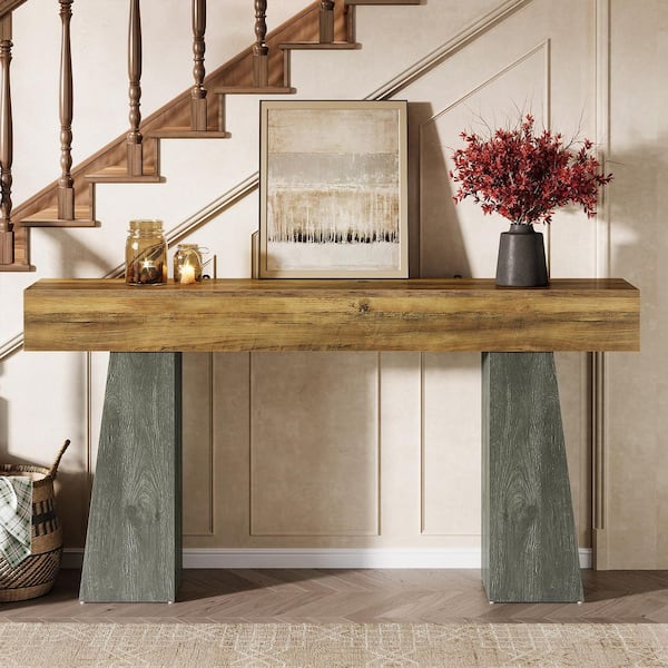 BYBLIGHT Turrella 63 in. Brown&Gray Farmhouse Sofa Table with Spacious Under-table Space, Rustic Rectangle Wood Console Table