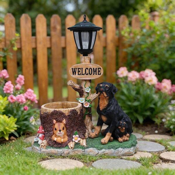 VAMOP Large Brown Resin Rottweiler Dog Family Garden Planter