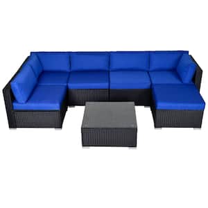 Black 7-Piece PE Rattan Wicker Outdoor Sofa Sectional Set, Ottoman Coffee Table with Royal Blue Cushions