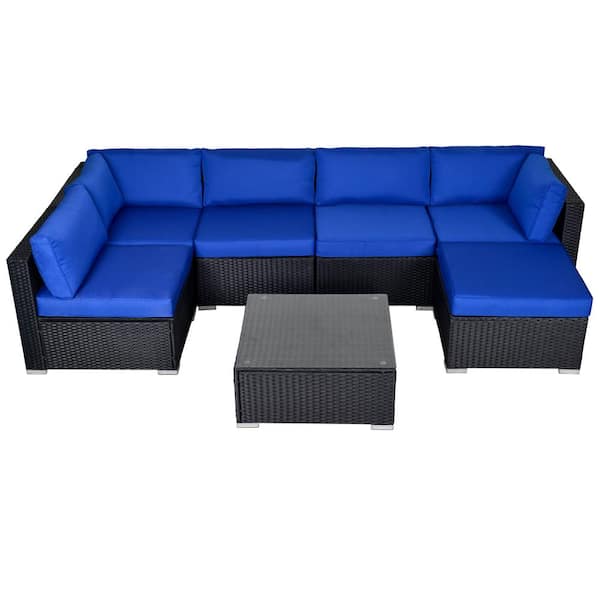 SUNVIVI Black 7-Piece PE Rattan Wicker Outdoor Sofa Sectional Set, Ottoman Coffee Table with Royal Blue Cushions