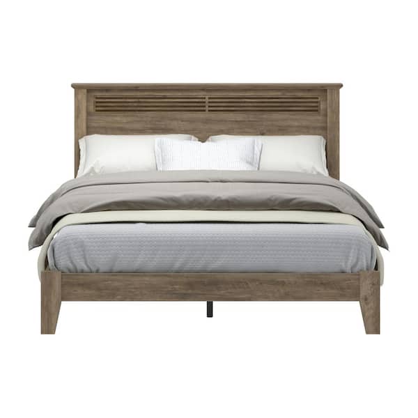 GALANO Harlowin Louvered Knotty Oak Brown Wood Frame Queen Platform Bed with Headboard