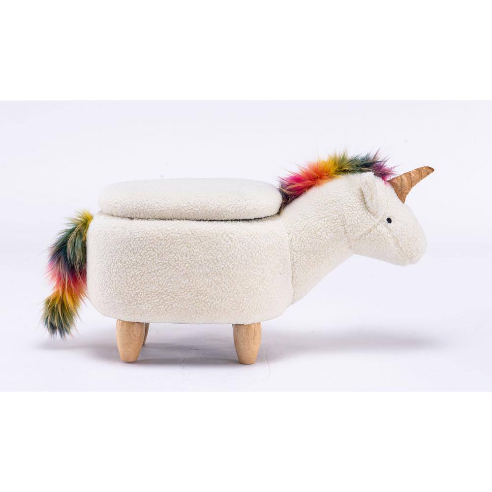 White and Multicolor Unicorn Fabric Storage Ottoman