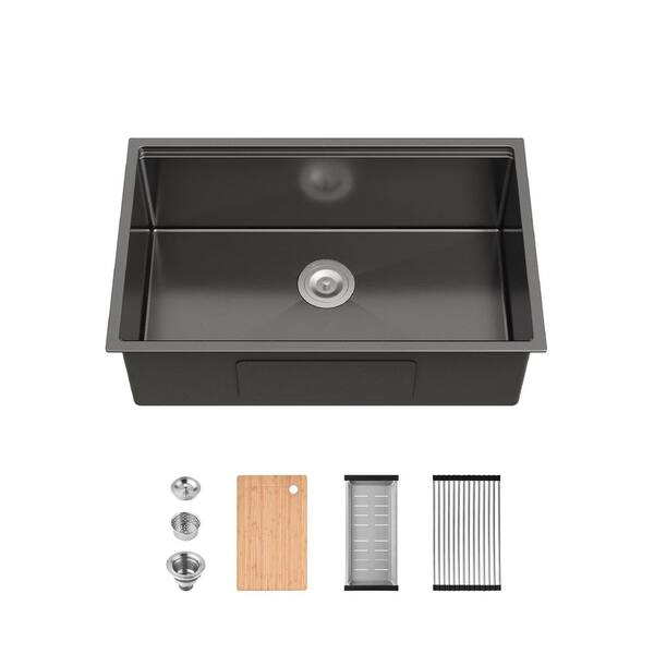 30 in. Undermount Single Bowl 20 Gauge Black Stainless Steel Kitchen Sink with Drain and Cutting Board