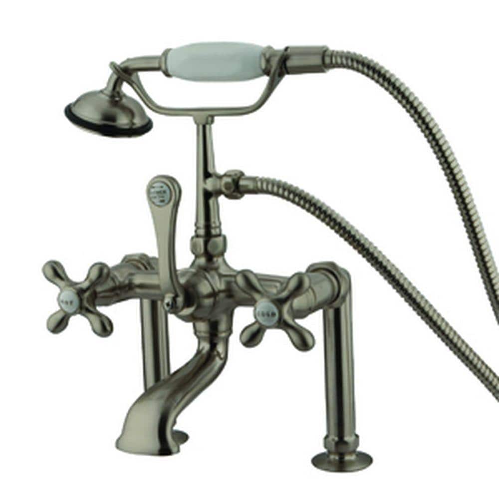 3-Handle Deck-Mount High-Risers Claw Foot Tub Faucet with Hand Shower in Br