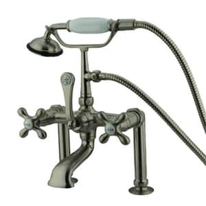 3-Handle Deck-Mount High-Risers Claw Foot Tub Faucet with Hand Shower in Brushed Nickel