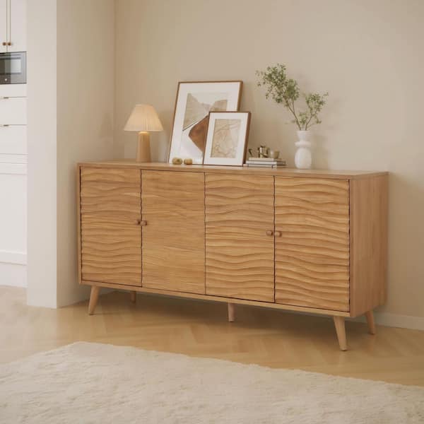 Charlotte Natural Wood 59.75 in. W Modern Buffet Storage Sideboard with Adjustable Shelves, Doors
