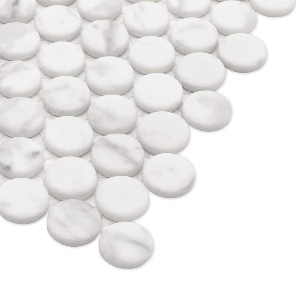 White Calacatta Matte Glass Penny Round Mosaic Tile