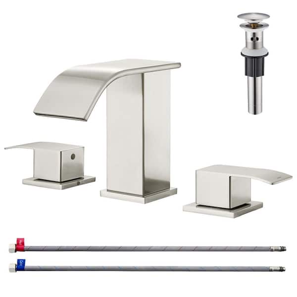 Unbranded 8 in. Widespread Double-Handle Waterfall Spout Bathroom Vessel Sink Faucet with Drain Kit Included in Brushed Nickel
