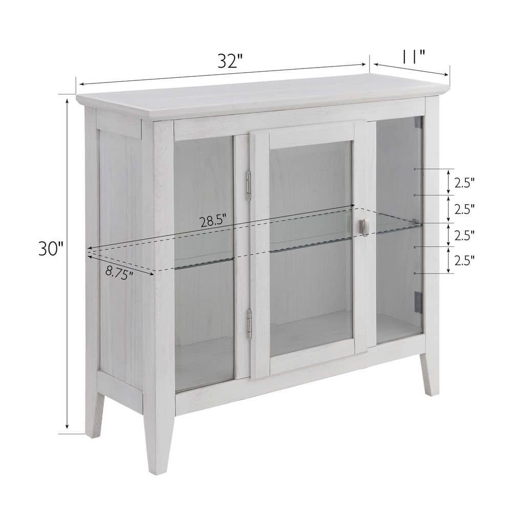Weathered White Lighted Wood Curio Cabinet with Glass Shelves